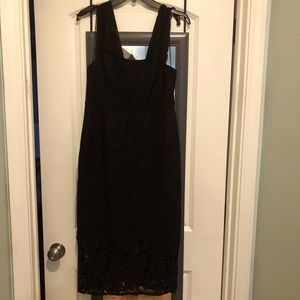 Adrianna Papell Black Midi Dress with lace overlay (Size 8)